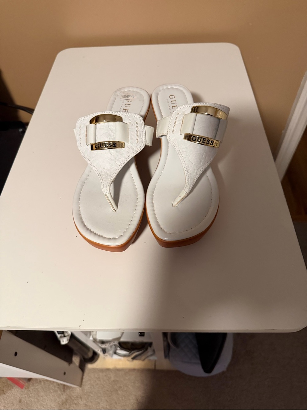 GUESS White Gold-Accent Thong Sandals